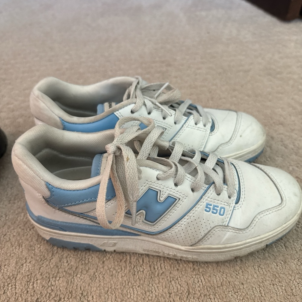 New Balance 550 White and Light Blue Sneakers (some visual wear)